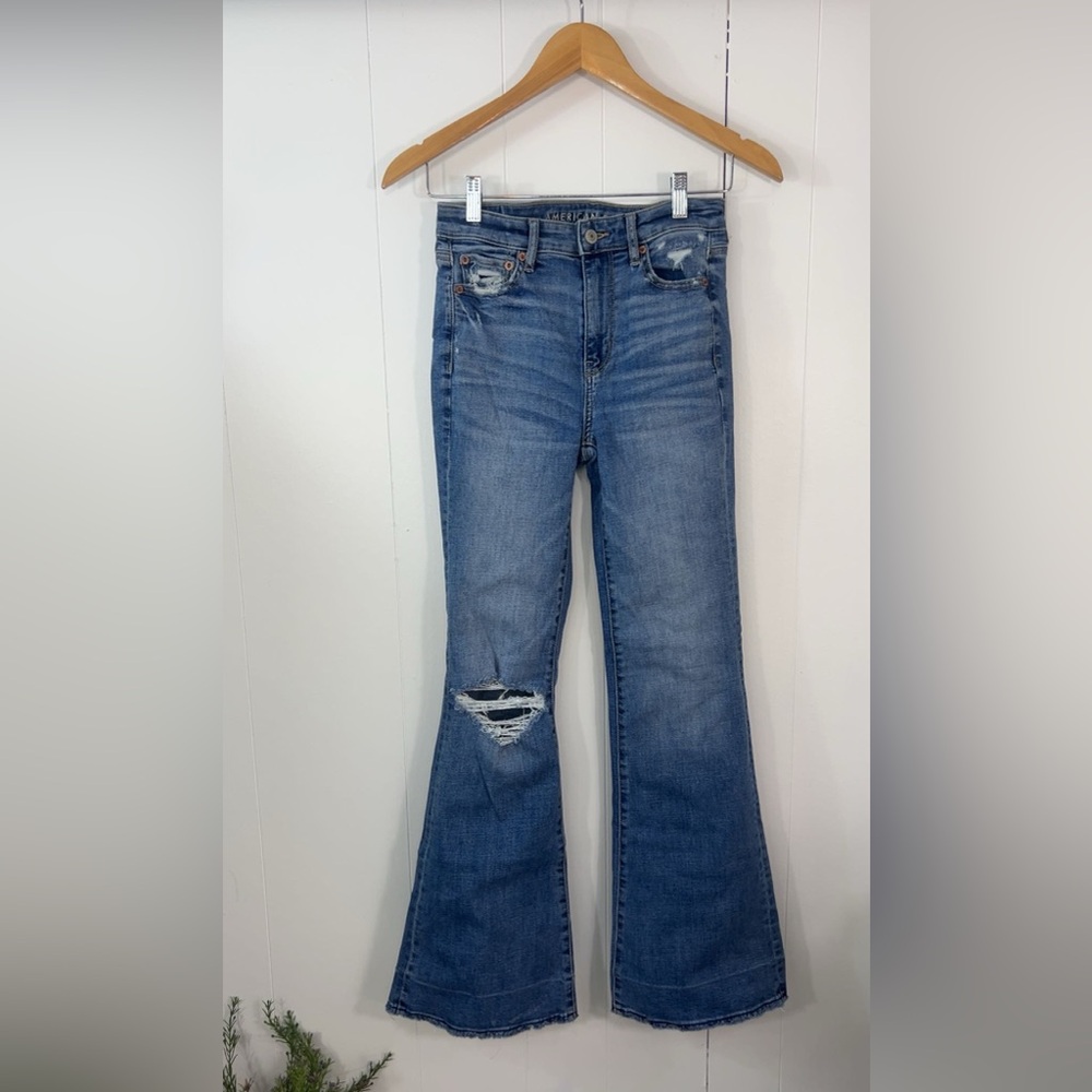 American Eagle High Rise Flare Jeans Size 0 Bohemian 90s Festival High Waist - Picture 12 of 16